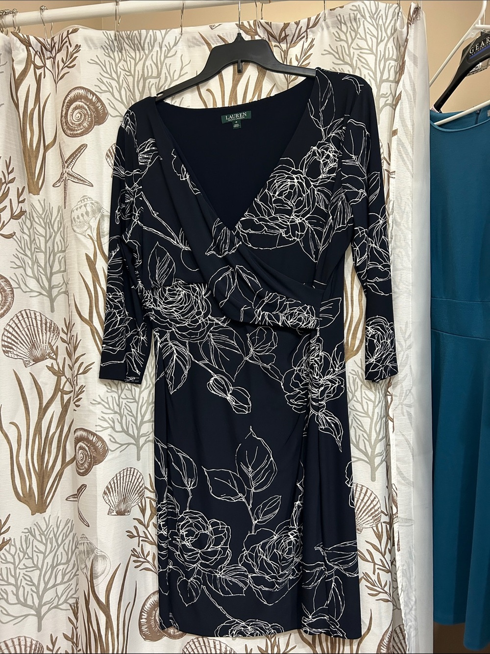 Lauren Ralph Lauren Black and White Floral Wrap Midi Dress